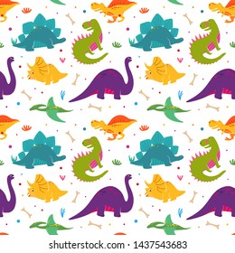 Funny dinosaurs seamles pattern. Jurassic period dinosaur print in hand drawn style. 	
Cute dinosaurs character for kids illustration, cover, pattern, print for fabric. Dino print