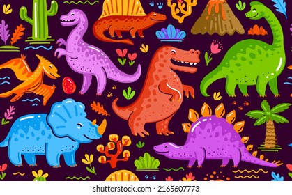 Funny dinosaurs seamless background. Prehistoric animals bright pattern. Childish cute cartoon vector illustration