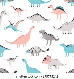 funny dinosaurs seamless pattern. Cute childish dino background. Colorful hand drawn texture.