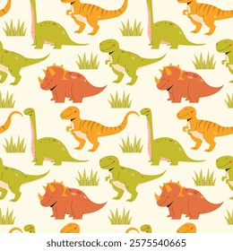 Funny dinosaurs seamless pattern on light background