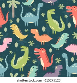Funny dinosaurs seamless pattern. Vector illustration