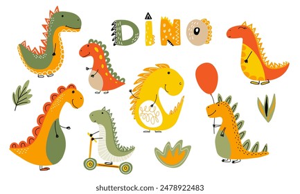Funny Dinosaurs set. Dino characters, hand drawn word Dino for nursery posters, cards, kids t-shirts