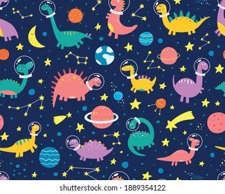 Funny dinosaurs in a spacesuit in space with planets. Pattern. Vector illustration.