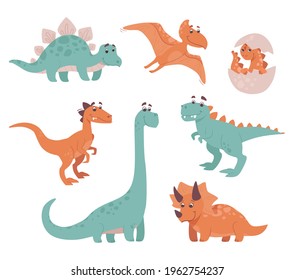 Funny dinosaurs. Stegosaurus, triceratops, brachiosaurus, brontosaurus, velociraptor, pteranodon, tyrannosaurus rex, egg. Collection of prehistoric animals. The dinos are smiling.  Vector set.