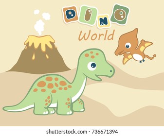 Funny dinosaurs vector cartoon on volcano eruption background
