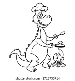 Funny Dinosaurs wearing chef hat and cooking sunny side up egg with woodfire Coloring Book Cartoon Vector