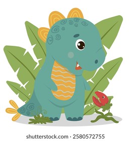 Funny dinozavor for greeting card design, congratulations and invitation card creation. Adorable cute T-rex, prehistoric reptile vector illustration