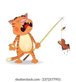 Funny disappointed cat with a fishing rod