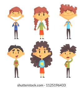 Funny disciples of elementary school. Cute boys and girls with backpacks on shoulders and books in hands. Flat vector set