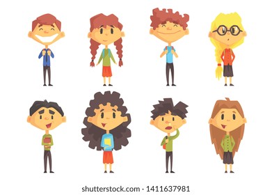 Funny disciples of elementary school. Cute boys and girls with backpacks on shoulders and books in hands. Flat vector set