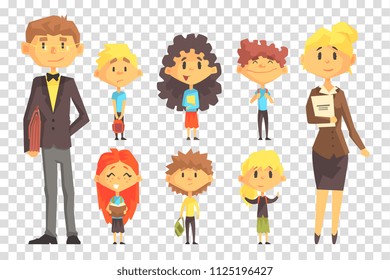 Funny disciples of elementary school and their teachers. Boys and girls with books and backpacks. Flat vector set