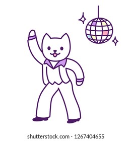 Funny disco dancer cat drawing. Cartoon dancing character vector illustration.