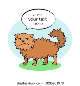 Funny discontented evil woolly dog with a grin with a cloud place for your text