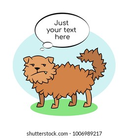 Funny discontented evil woolly dog with a grin with a cloud place for your text