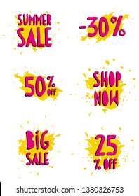 Funny Discount Vector Signs Isolated on a White Background. Abstract Vector Sale Tags. Pink Handwritten Letters on a Yellow Splash. Summer Sale, Shop Now, Big Sale and 30, 50 and 25% off Discount. 