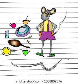 Funny disgruntled mouse in purple shorts on suspenders and green slippers does not want to wash the dishes, cartoon. housework