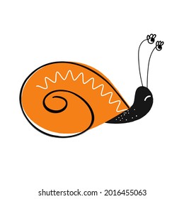 Caracol gracioso disgustado al estilo de las caricaturas. Divertida babosa con una cáscara de naranja.