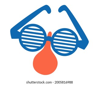 Funny disguise glasses with nose. Accessory for party. Clown's Face. April Fools Day. Flat cartoon vector illustration isolated on white background.
