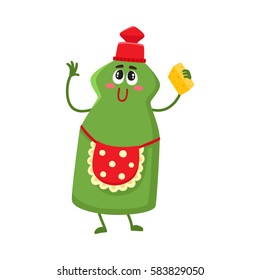 Funny dish washing character with smiling human face and cleaning sponge, cartoon vector illustration isolated on white background. Smiling dish washing character, house cleaning concept