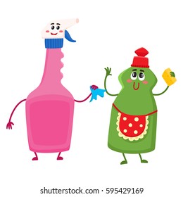 Divertido plato y lavado de ventanas, personajes detergentes líquidos con caras humanas sonrientes, ilustración vectorial de dibujos animados aislados en fondo blanco. Caracteres del frasco del detergente para lavado de ventanillas