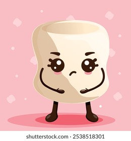  Funny displeased marshmallow character. Marshmallow vector on pink background.