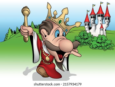 Funny Distracted King with a Crown on his Head and a Scepter in his Hand - Colored Cartoon Illustration with Background, Vector