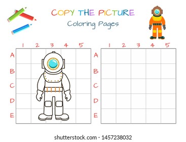 Funny diver  Educational game for children  Copy the picture  Coloring book  Cartoon vector illustration