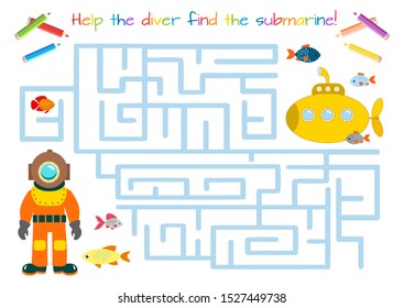 Funny diver. Educational game for children. Labyrinth, maze. Coloring book. Cartoon vector illustration