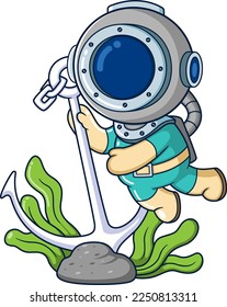 The funny diver finds a large anchor stuck on a coral reef of illustration