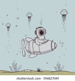 Funny diver floats on submarine in the deep sea.Character design.Vintage childish vector illustration