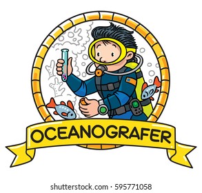 Funny diver or oceanologist or oceanographer, in scuba gear with camera near the fishes. Profession ABC series. Children vector illustration. Emblem