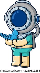 Funny diver playing with a bird of illustration