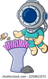 The funny diver plays with many small fish among the seaweed of illustration