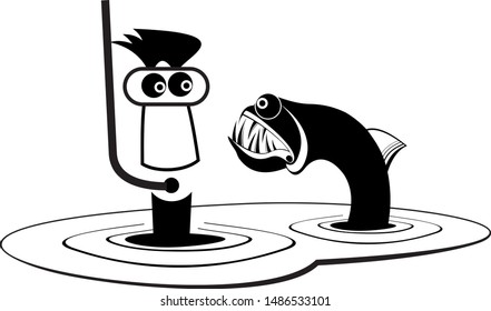 Funny diver and predator fish illustration. Cartoon man in diving mask looks at predator fish black on white
