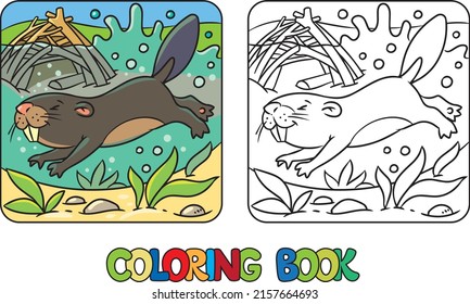 Funny diving beaver coloring book. Children vector illustration.