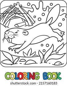 Funny diving beaver. Kids coloring book. Vector