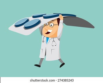 Funny doctor carries pills for patients. Pharmacy. Simple vector illustration.