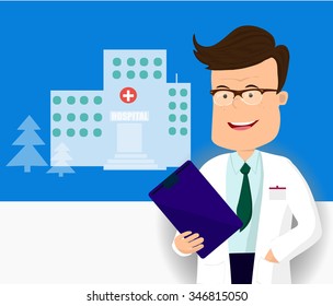 Funny doctor character. Isolated vector illustration.A male doctor with medical report.