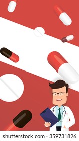 Funny doctor character. Isolated vector illustration.A male doctor with medical report.
