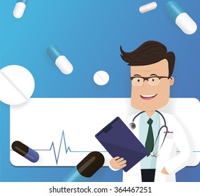 Funny doctor character. Isolated vector illustration.A male doctor with medical report.

