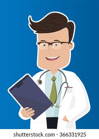Funny doctor character. Isolated vector illustration.A male doctor with medical report.