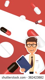 Funny doctor character. Isolated vector illustration.A male doctor with medical report.
