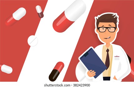 Funny doctor character. Isolated vector illustration.A male doctor with medical report.