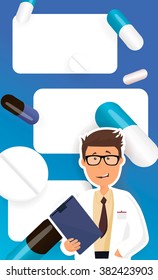 Funny doctor character. Isolated vector illustration.A male doctor with medical report.