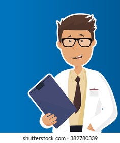 Funny doctor character. Isolated vector illustration. A male doctor with medical report.