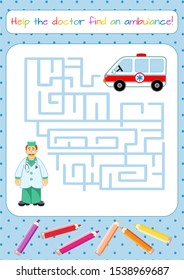 Funny doctor. Educational game for children. Maze. Coloring book.   Cartoon vector illustration