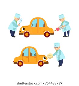 Funny doctor examining sick car character with magnifying glass, giving pill, making injection, cartoon vector illustration isolated on white background. Cartoon doctor curing funny car character