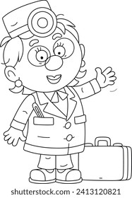 Funny doctor in a hospital gown and a medical briefcase friendly smiling and waving in greeting, black and white outline vector cartoon illustration for a coloring book