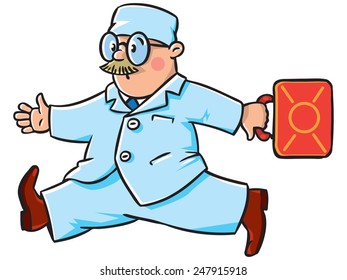 Funny doctor in light-blue coat running with red case.