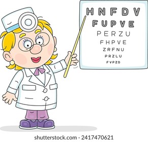 Funny doctor oculista examinando los ojos y señalando las letras en una tabla de pruebas de visión en una sala de oftalmología de una clínica médica, ilustración de dibujos vectoriales aislados en un fondo blanco